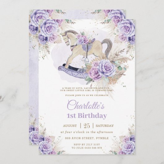 Pampas Grass Paarse Bloemen Rocking Horse Verjaard Kaart (Voorkant / Achterkant)