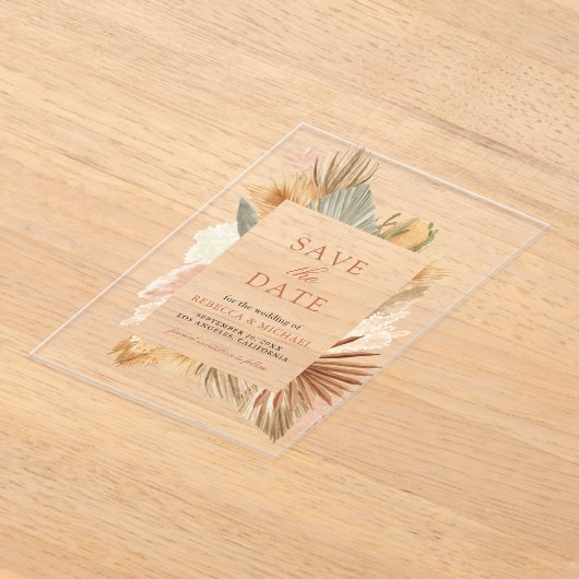 Pampas Grass Palm Leaves Wedding Save the Date Acryl Uitnodigingen (Laagn)