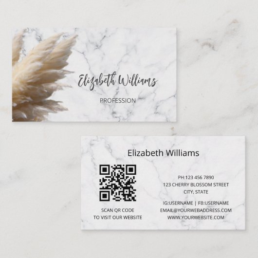 Pampas Grass Photo Marble | QR-code Visitekaartje (Voorkant / Achterkant)