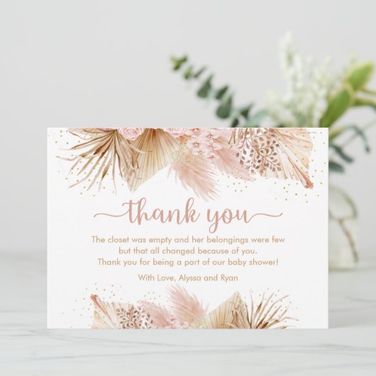 Pampas Grass Pink Floral Baby shower Bedankkaart (Staand voorkant)