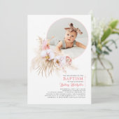 Pampas Grass Pink Floral Baptism Foto Kaart (Staand voorkant)