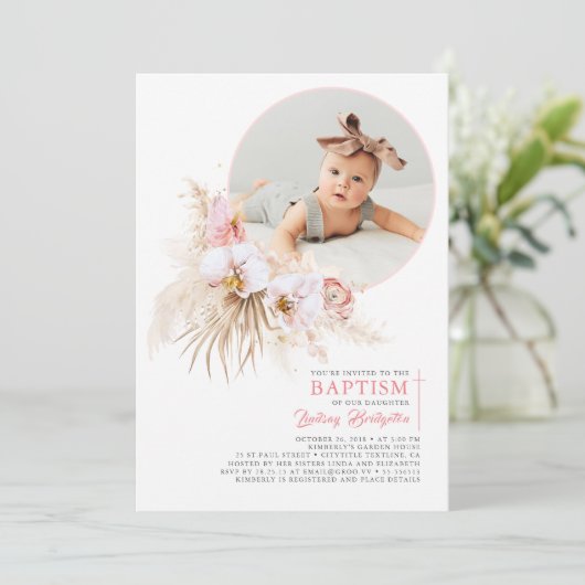 Pampas Grass Pink Floral Baptism Foto Kaart (Staand voorkant)