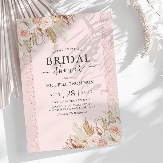 Pampas Grass Pink Floral Bridal Shower Kaart