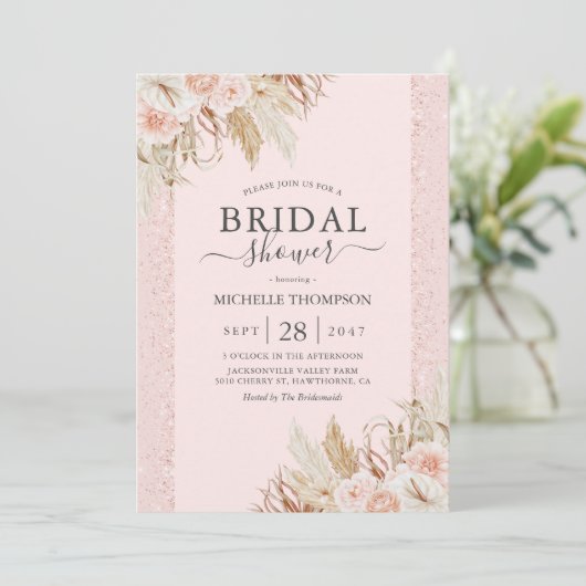 Pampas Grass Pink Floral Bridal Shower Kaart (Staand voorkant)