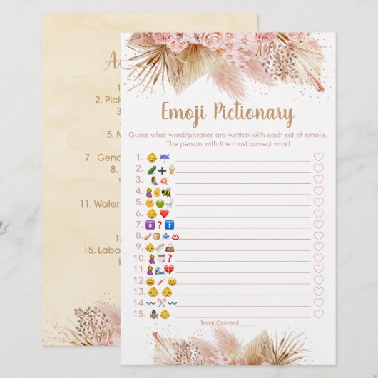 Pampas Grass Pink Floral Emoji Pictionary Game (Voorkant / Achterkant)