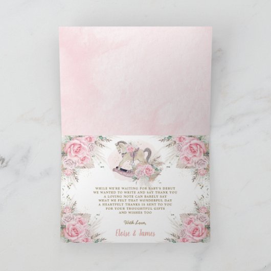 Pampas Grass Pink Floral Rocking Horse Baby shower Bedankkaart (Binnen)