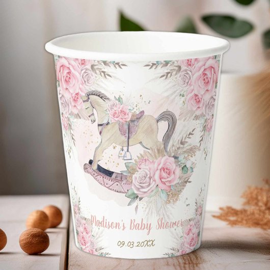 Pampas Grass Pink Floral Rocking Horse Baby shower Papieren Bekers