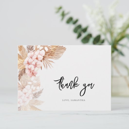 Pampas Grass Pink Floral Script Vrijgezellenfeest Bedankkaart (Staand voorkant)