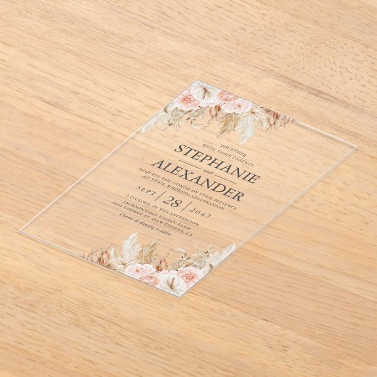 Pampas Grass Pink Floral Wedding Acryl Uitnodigingen (Laagn)