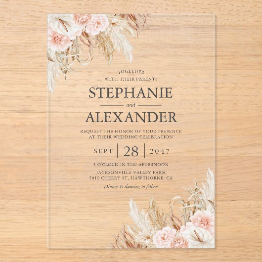 Pampas Grass Pink Floral Wedding Acryl Uitnodigingen (Voorkant)