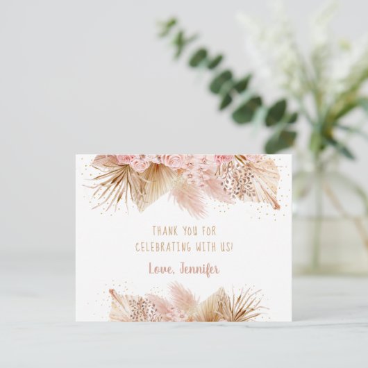Pampas Grass Pink Gold Floral Baby shower Bedankkaart (Staand voorkant)