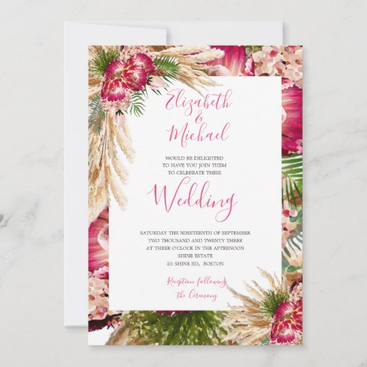 Pampas grass Protea Floral Modern Pink Wedding Kaart (Voorkant)