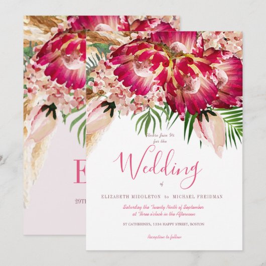 Pampas grass Protea Floral Modern Pink Wedding Kaart (Voorkant / Achterkant)