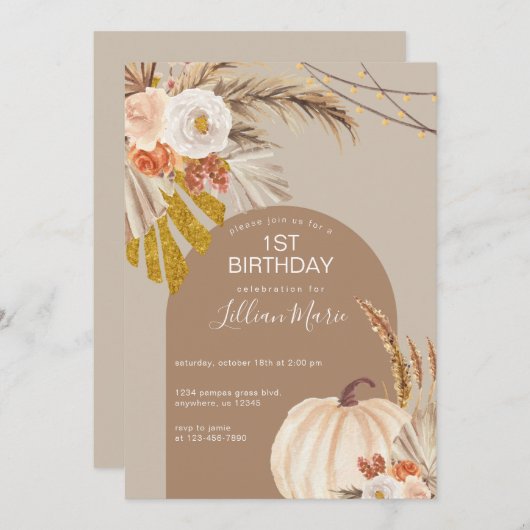 Pampas Grass Pumpkin Birthday Uitnodiging (Voorkant / Achterkant)