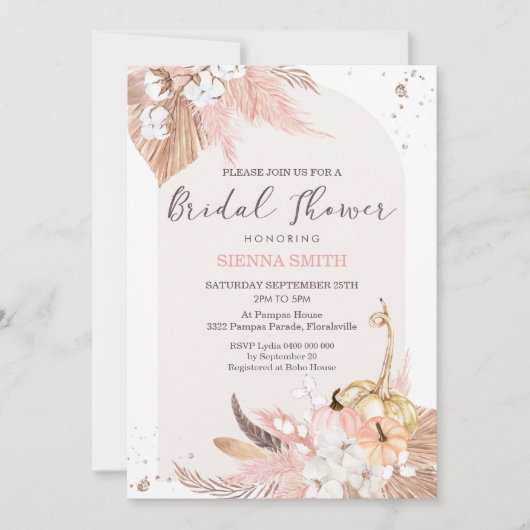 Pampas Grass Pumpkin Bridal Shower Invitation Boho Kaart (Voorkant)