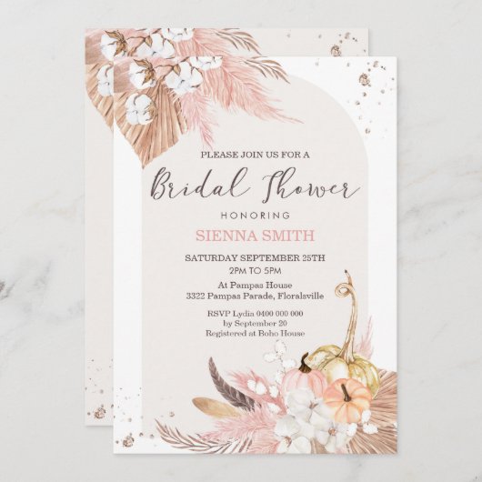 Pampas Grass Pumpkin Bridal Shower Invitation Boho Kaart (Voorkant / Achterkant)