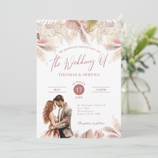 Pampas Grass QR Code RSVP Bruiloft Boho Uitnodigin Kaart (Staand voorkant)