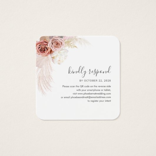Pampas Grass QR Code Weddenschap RSVP Vierkante Visitekaartjes (Voorkant)