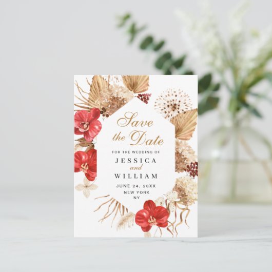 Pampas Grass Red Orchids Weddenschap Save the Date Briefkaart (Staand voorkant)