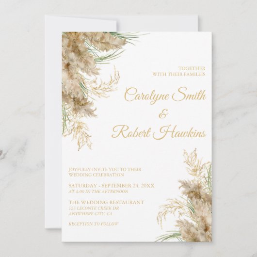Pampas Grass Romantic Wedding Invitation Kaart (Voorkant)