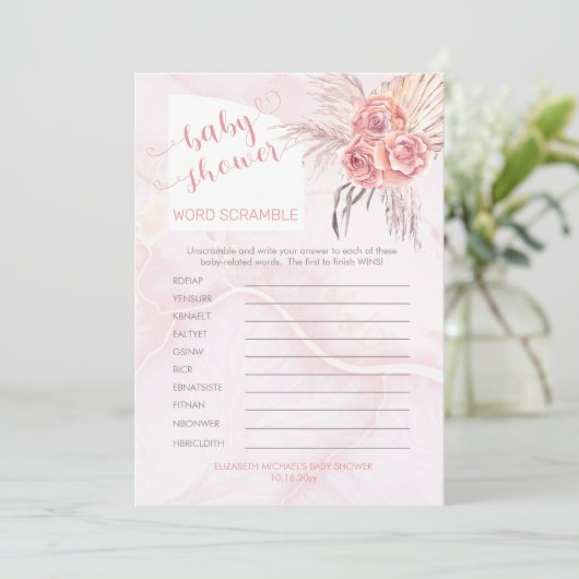 Pampas Grass |Roos Bloom Baby shower Word Scramble Kaart (Staand voorkant)