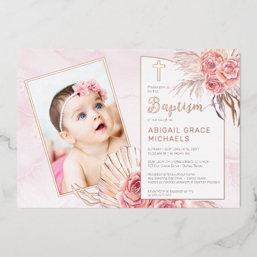 Pampas Grass | Roos Blooms Girl Baby Foto's Folie Uitnodiging (Voorkant)