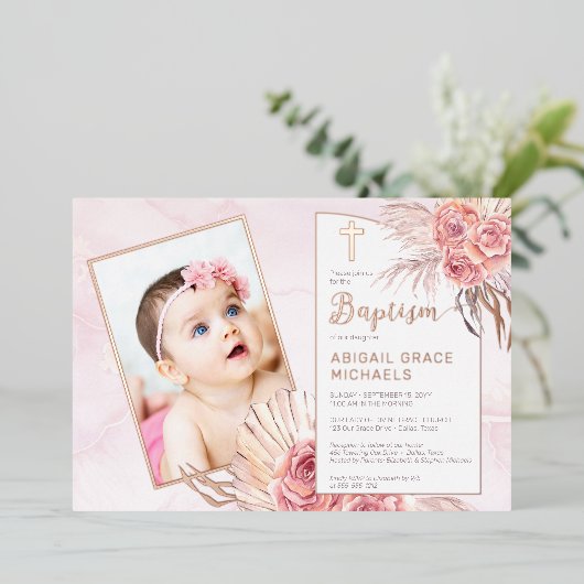 Pampas Grass | Roos Blooms Girl Baby Foto's Folie Uitnodiging (Staand Voorkant)