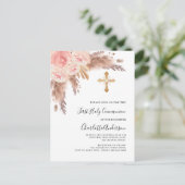 Pampas grass roos blush kruis eerste heilige commu uitnodiging briefkaart (Staand voorkant)