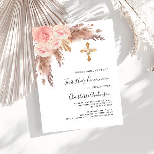Pampas grass roos blush kruis eerste heilige commu uitnodiging briefkaart