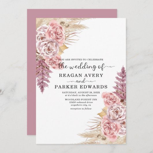 Pampas Grass Roos en Paarse bruiloft Kaart (Voorkant / Achterkant)