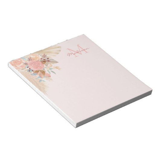 Pampas Grass Roos Gold Florals Naam Monogram Notitieblok (Schuin)