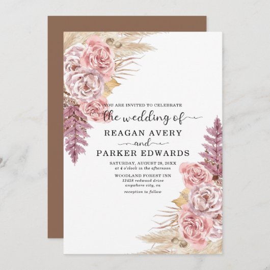 Pampas Grass Roos Paarse bruiloft Kaart (Voorkant / Achterkant)