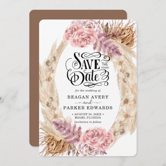Pampas Grass Roos Paarse bruiloft Save The Date (Voorkant / Achterkant)