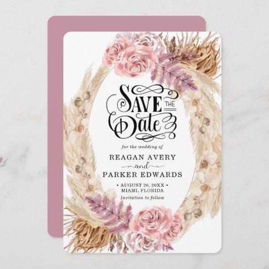 Pampas Grass Roos Paarse bruiloft Save The Date (Voorkant / Achterkant)