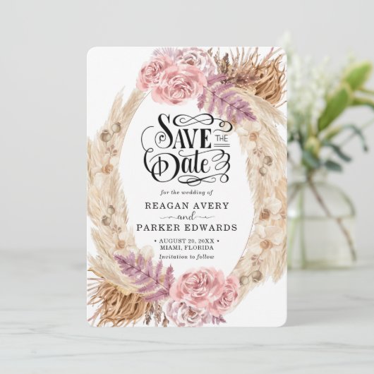 Pampas Grass Roos Paarse bruiloft Save The Date (Staand voorkant)