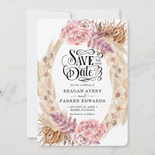 Pampas Grass Roos Paarse bruiloft Save The Date (Voorkant)