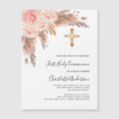 Pampas grass roos roze luxe eerste communie magnetische uitnodiging (Voorkant)