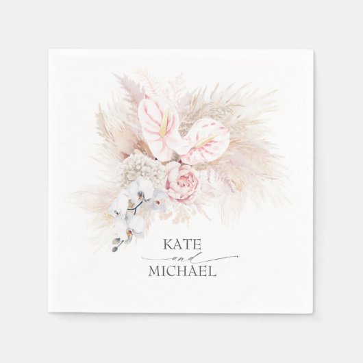 Pampas Grass Roze Anthuriums Elegant Tropisch Servet (Voorkant)