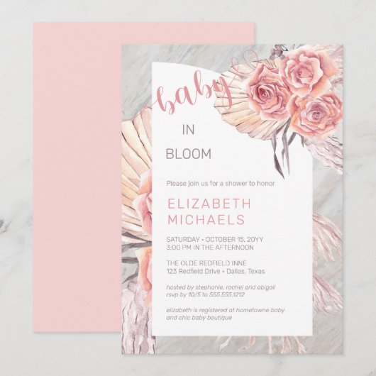 Pampas Grass |Roze Baby in Bloom Girl Shower Kaart (Voorkant / Achterkant)
