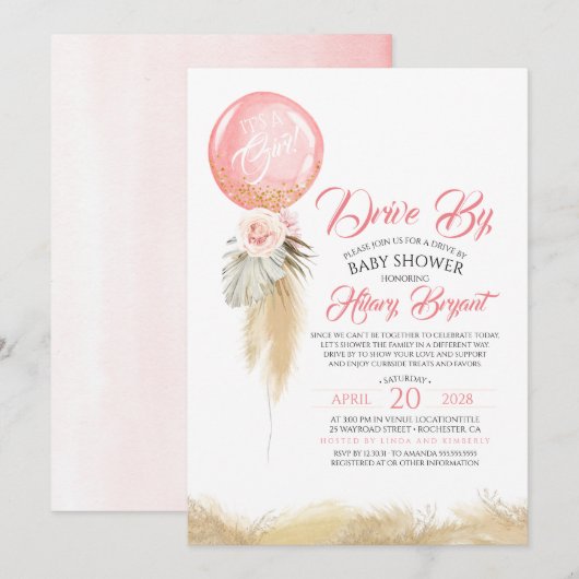 Pampas Grass Roze Balloon Drive Door Baby shower Kaart (Voorkant / Achterkant)