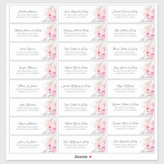 Pampas Grass Roze Bloemen Gastennaam Adresetikette Sticker (Vel)