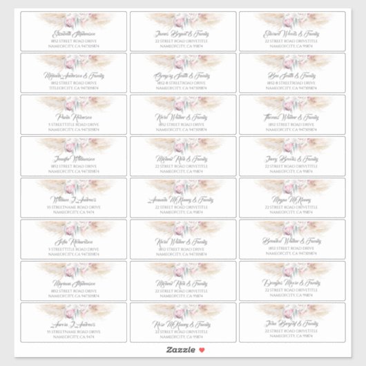Pampas Grass Roze Bloemen Gastennaam Adresetikette Sticker (Vel)