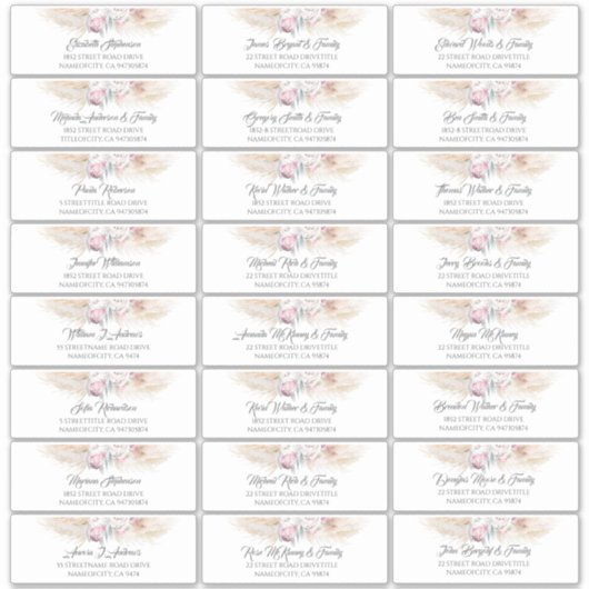 Pampas Grass Roze Bloemen Gastennaam Adresetikette Sticker (Voorkant)