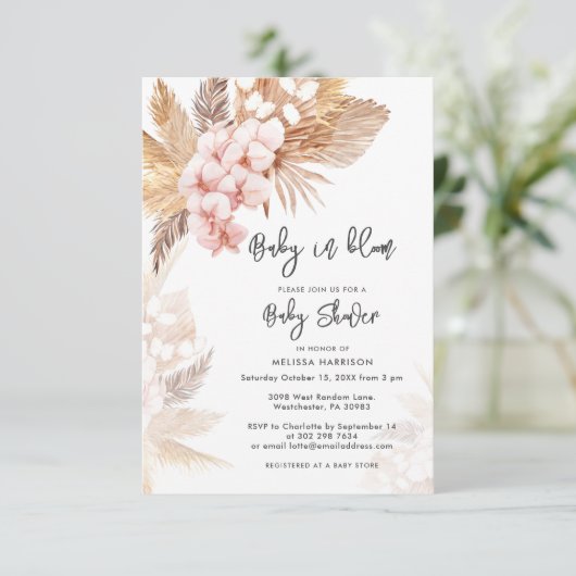 Pampas Grass Roze Bloemen Meisje Baby shower Kaart (Staand voorkant)