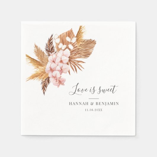 Pampas Grass Roze Bloemen Script Trouwpapier Servet (Voorkant)