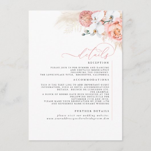 Pampas Grass Roze Blush Bruiloft Details Informatiekaartje (Voorkant)