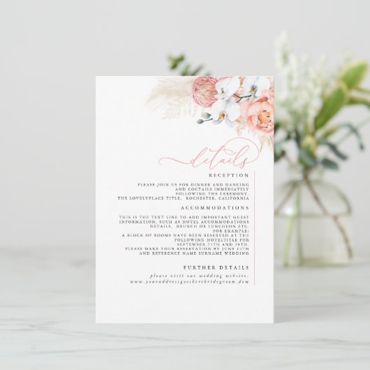 Pampas Grass Roze Blush Bruiloft Details Informatiekaartje (Staand voorkant)