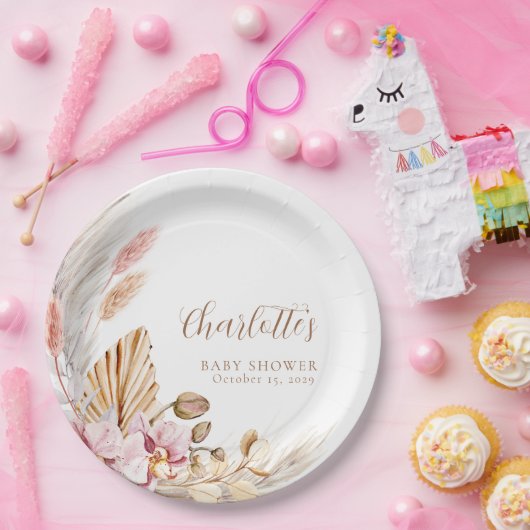 Pampas Grass Roze Bruin Bloemen | BABY SHOWER Papieren Bordje (Feest)