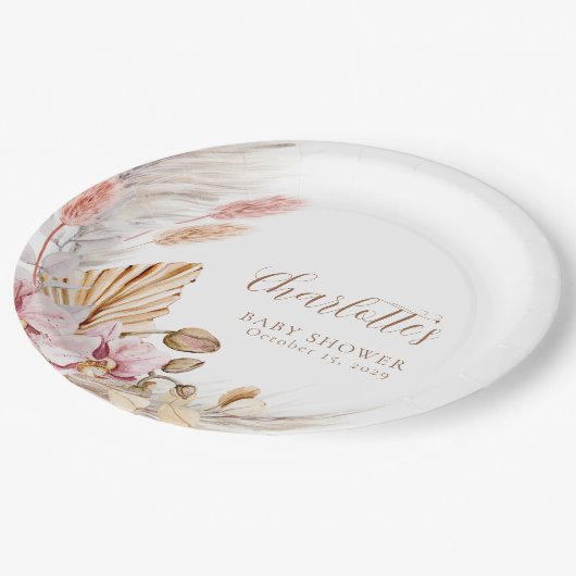 Pampas Grass Roze Bruin Bloemen | BABY SHOWER Papieren Bordje (Gekanteld)