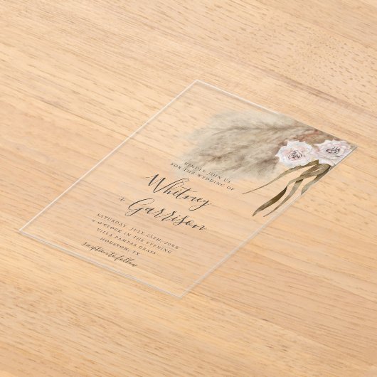 Pampas Grass Roze Huwelijksbloem Acryl Uitnodigingen (Laagn)